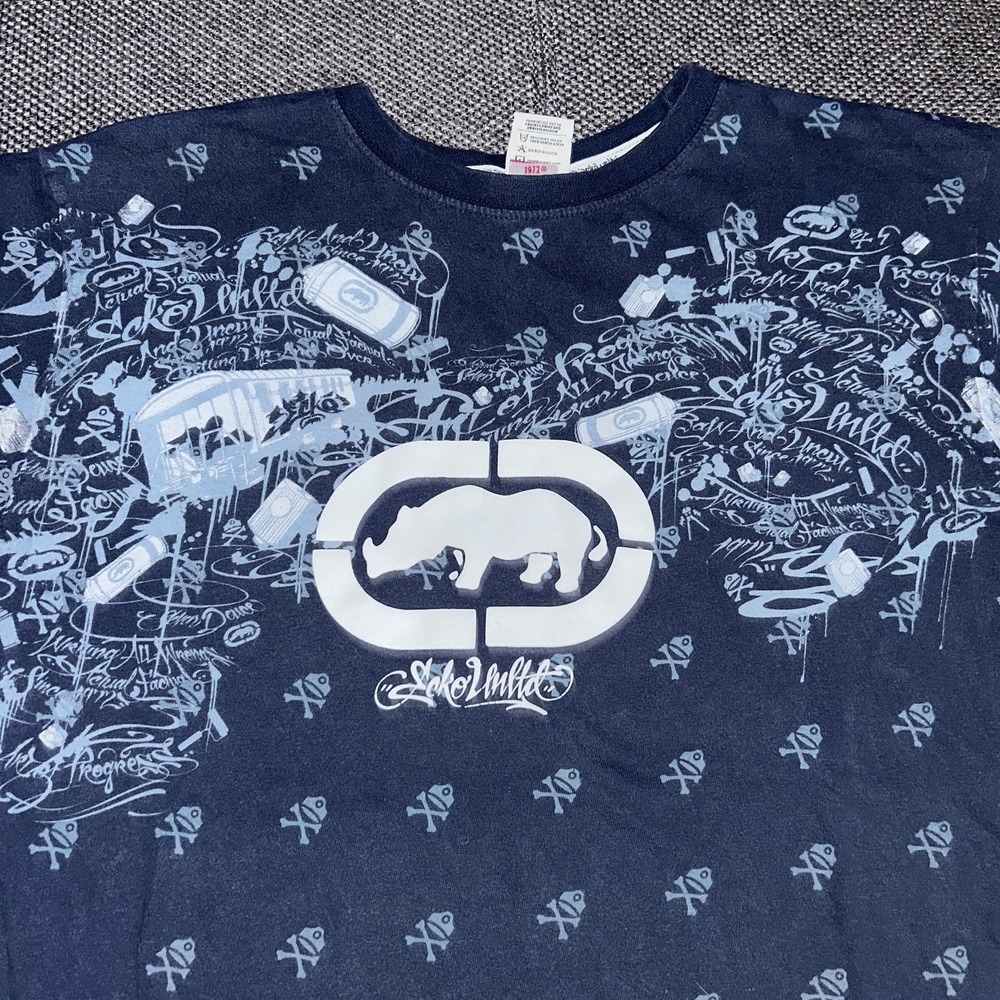 Vintage Y2K Ecko. Unltd Navy Blue Crossbones All Over Print Grunge T Shirt Large
